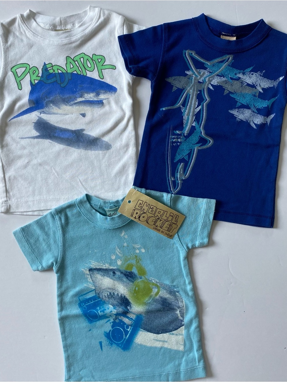 Shark Shirts 6 9 Months Set Of 3 Lot NEW 100% Cotton Sharks Music Ocean Baby